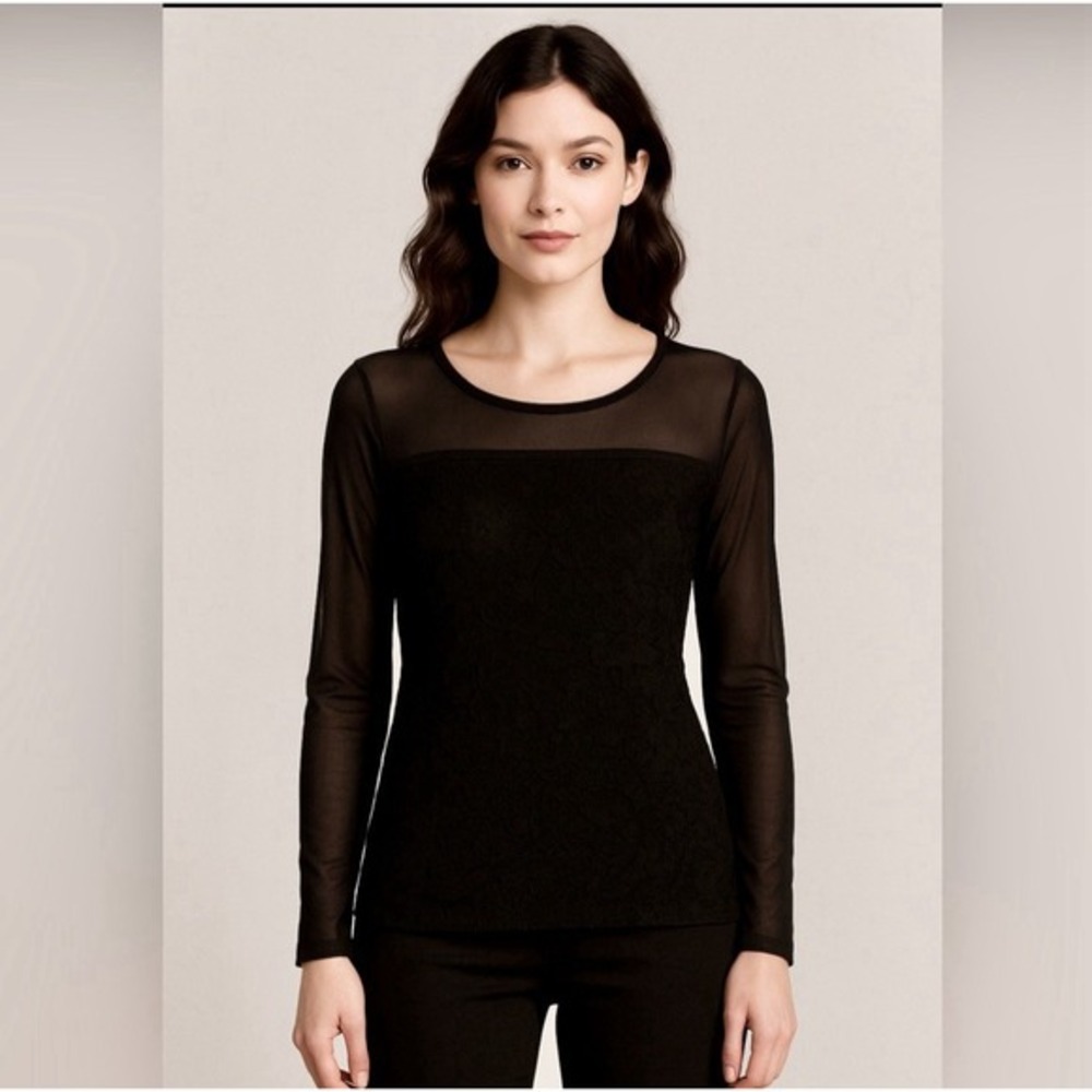 INC‎ International Concepts Long sleeve Black Lace And Mesh Top Size Medium